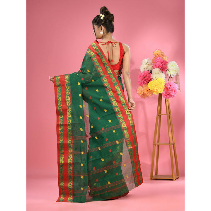 CHARUKRITI Shamrock Green Pure Cotton Tant Woven Design Saree without Blouse