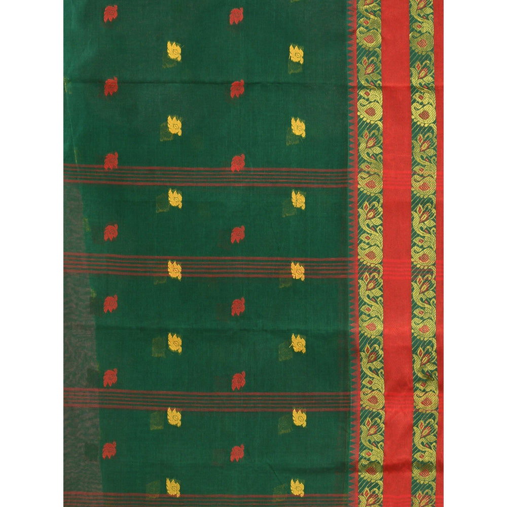 CHARUKRITI Shamrock Green Pure Cotton Tant Woven Design Saree without Blouse