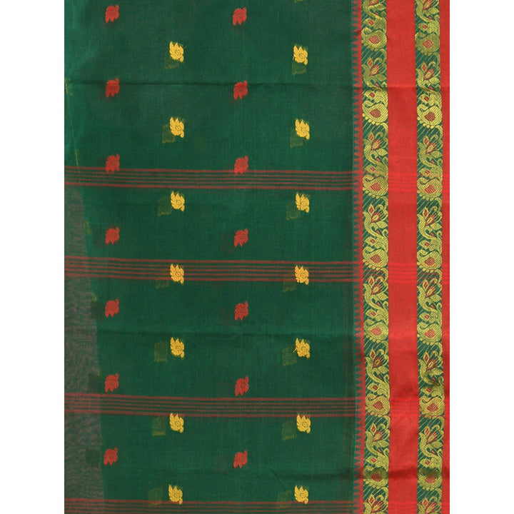 CHARUKRITI Shamrock Green Pure Cotton Tant Woven Design Saree without Blouse