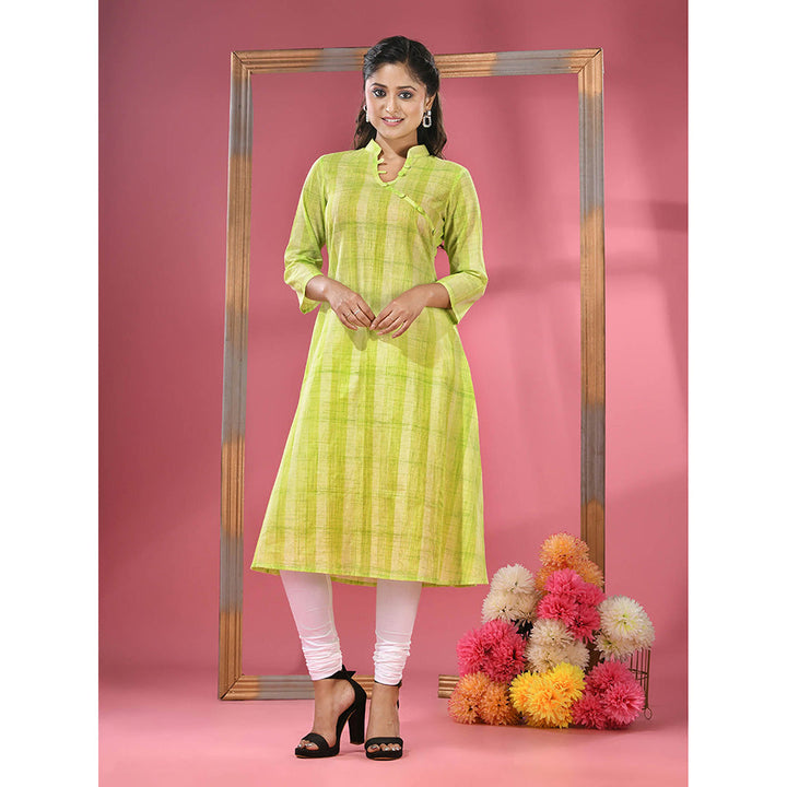 CHARUKRITI Parrot Green Cotton Angrakha-Style Kurta