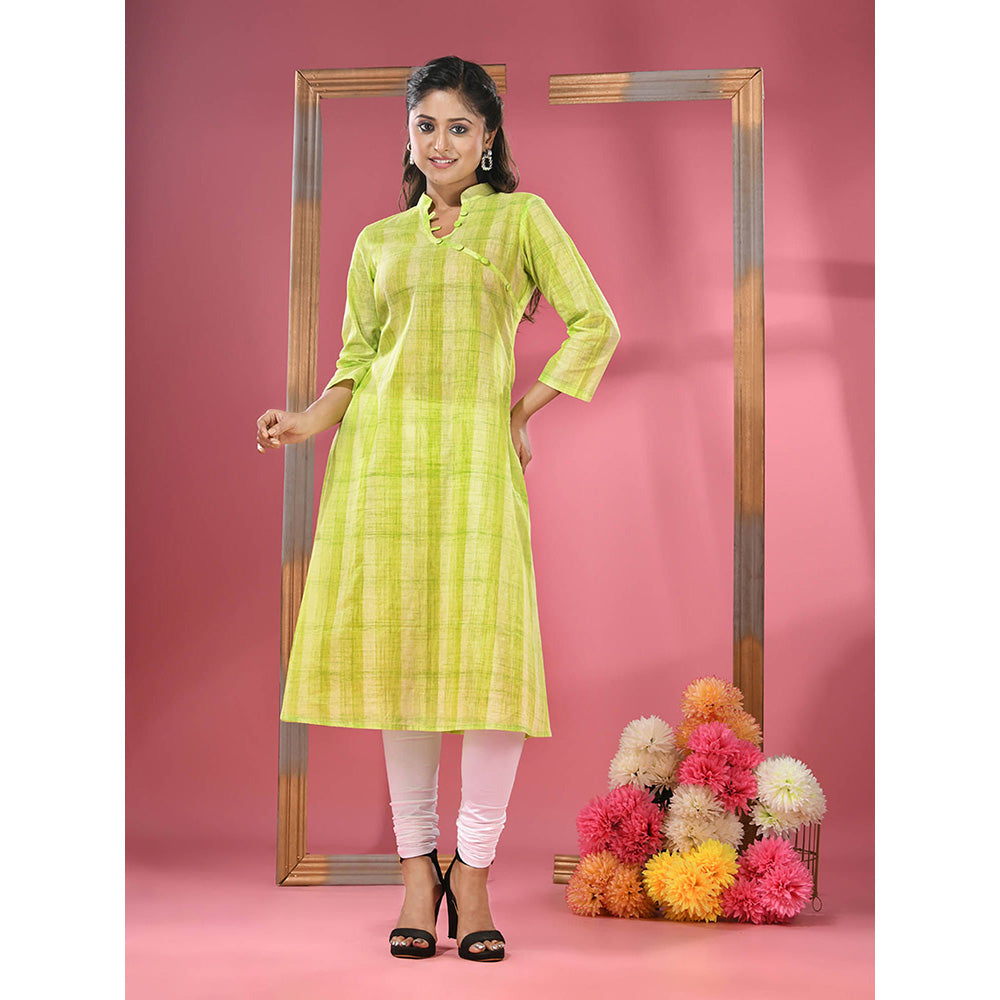 CHARUKRITI Parrot Green Cotton Angrakha-Style Kurta