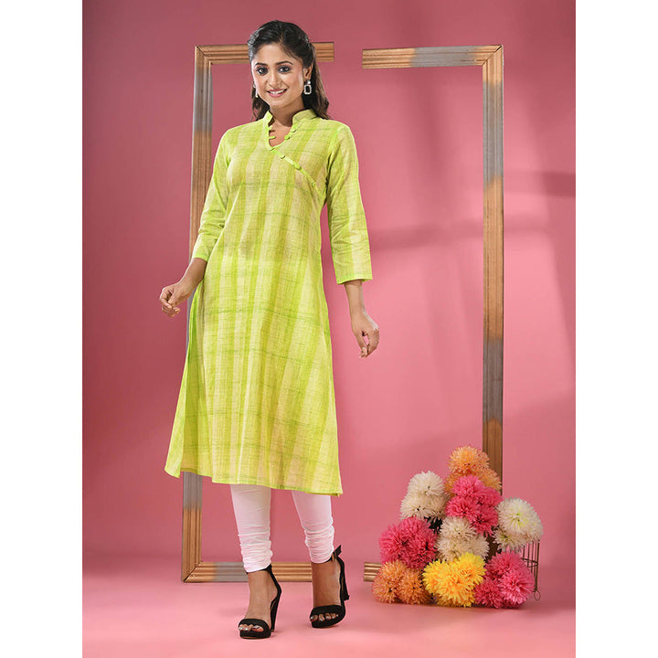 CHARUKRITI Parrot Green Cotton Angrakha-Style Kurta