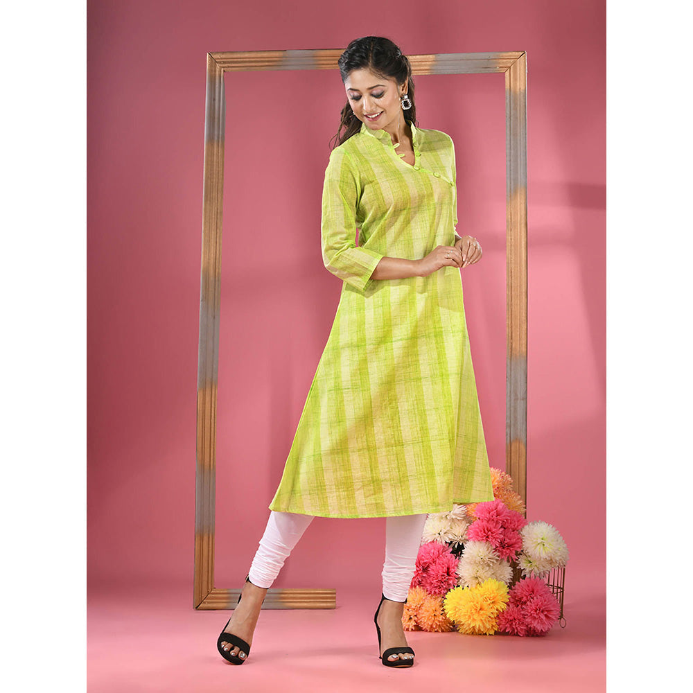 CHARUKRITI Parrot Green Cotton Angrakha-Style Kurta