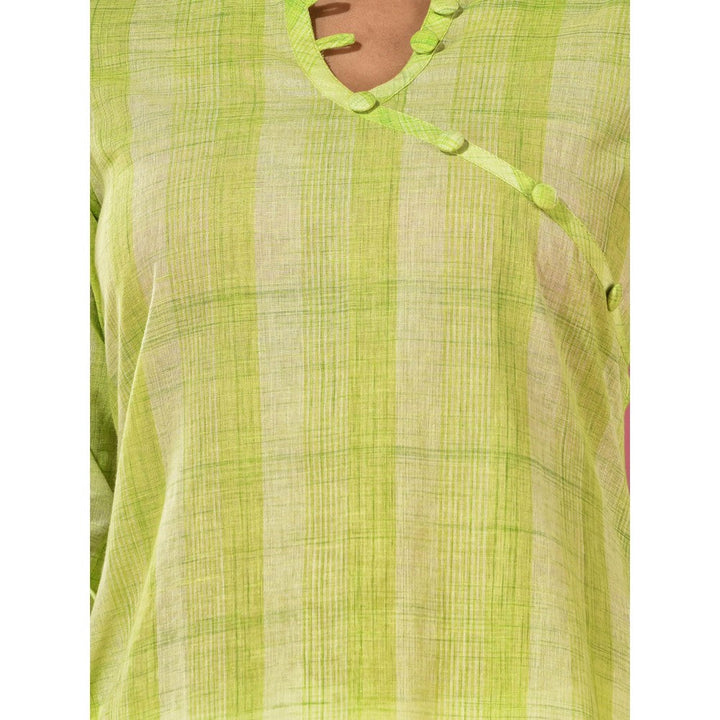 CHARUKRITI Parrot Green Cotton Angrakha-Style Kurta