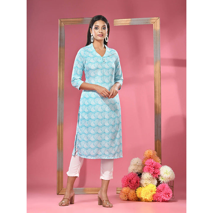 CHARUKRITI Sea Green Printed Cotton Kurta with Straight Pants (Set of 2)