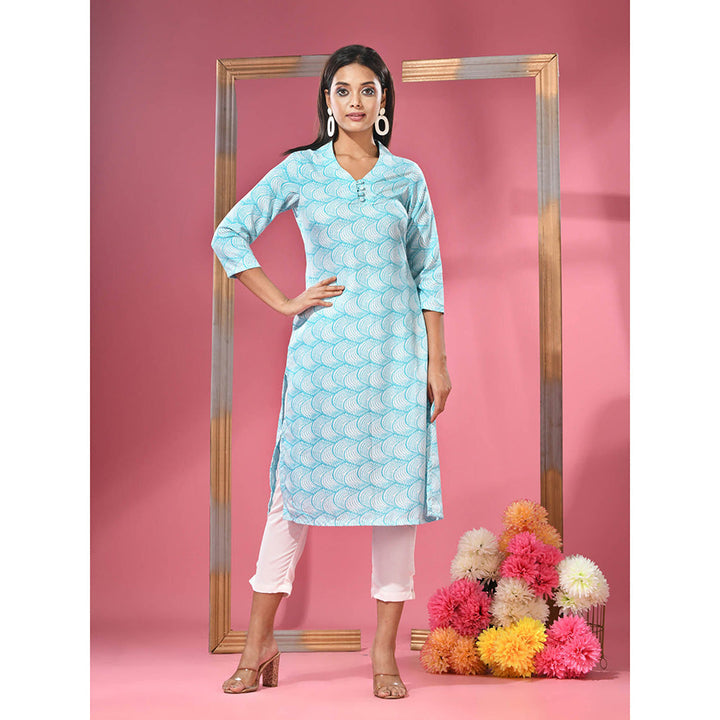 CHARUKRITI Sea Green Printed Cotton Kurta with Straight Pants (Set of 2)