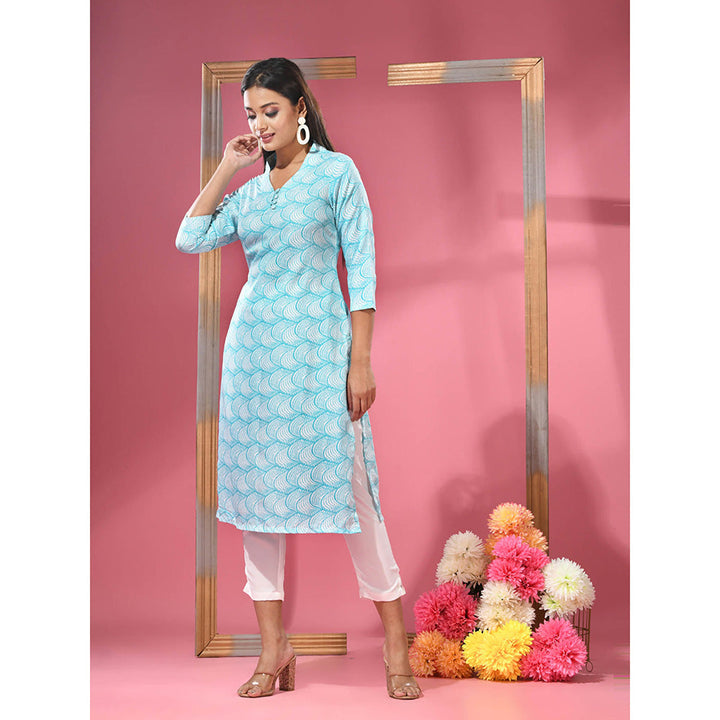 CHARUKRITI Sea Green Printed Cotton Kurta with Straight Pants (Set of 2)