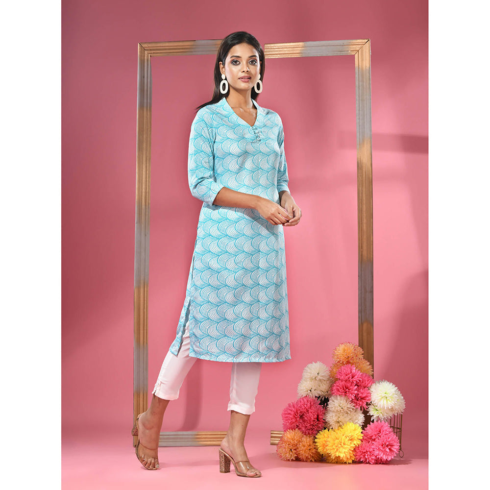 CHARUKRITI Sea Green Printed Cotton Kurta with Straight Pants (Set of 2)