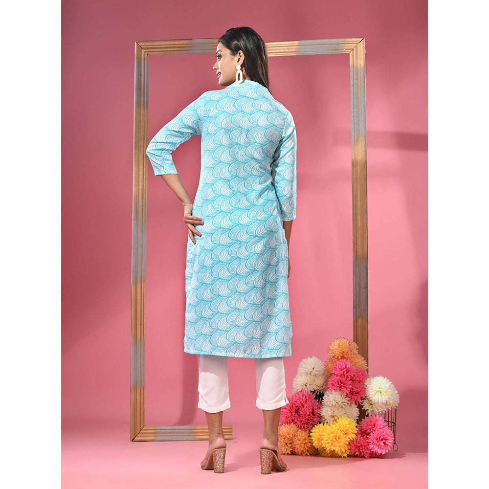 CHARUKRITI Sea Green Printed Cotton Kurta with Straight Pants (Set of 2)