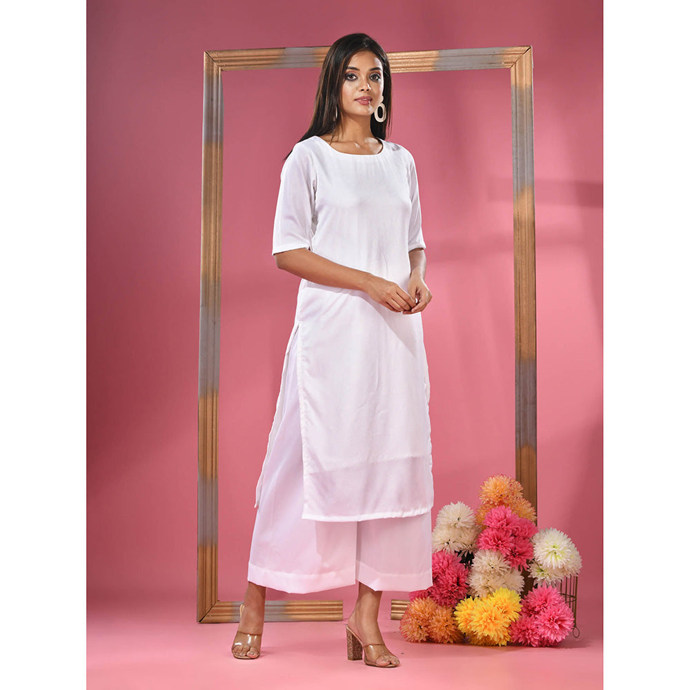 CHARUKRITI White Rayon Solid Kurta & Palazzo (Set of 2)