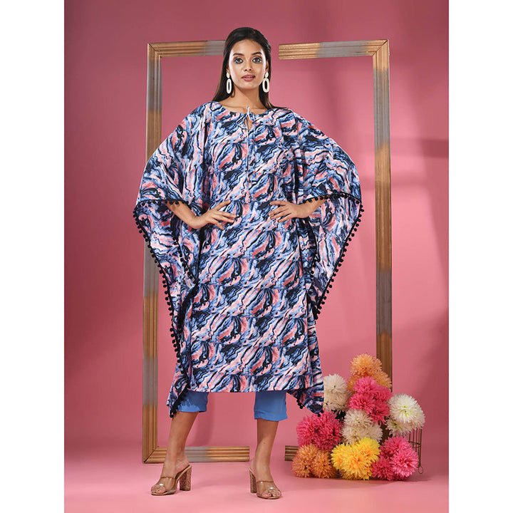 CHARUKRITI Multicolour Printed Dola Silk Kaftan & Straight Pants with Pompoms (Set of 2)