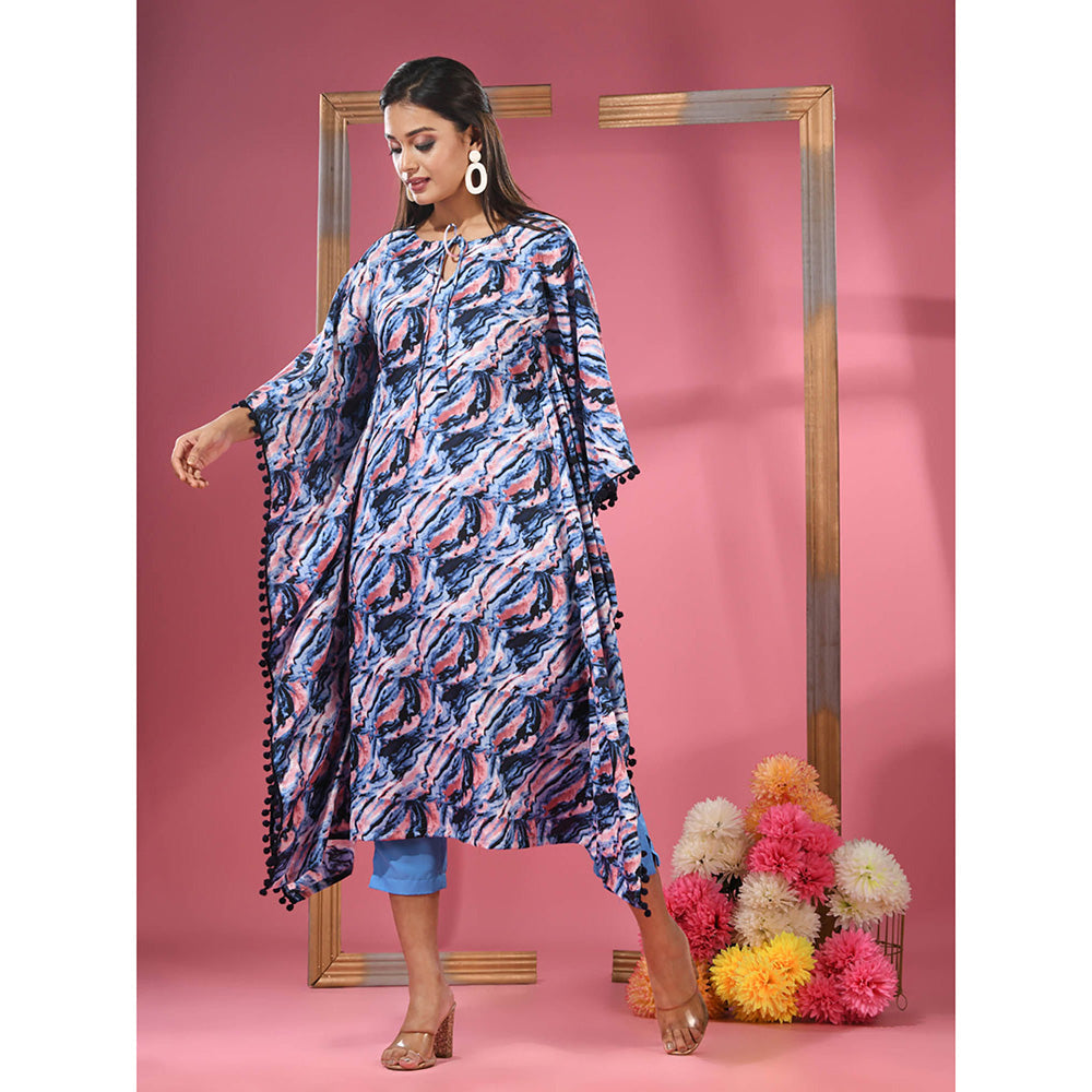 CHARUKRITI Multicolour Printed Dola Silk Kaftan & Straight Pants with Pompoms (Set of 2)