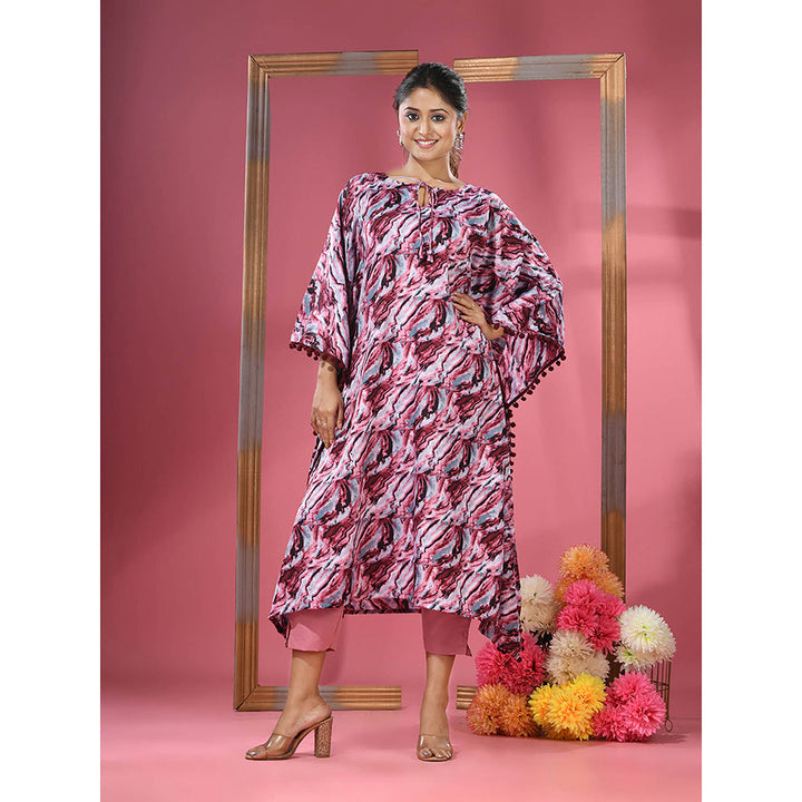 CHARUKRITI Multicolour Printed Dola Silk Kaftan & Straight Pants with Pompoms (Set of 2)