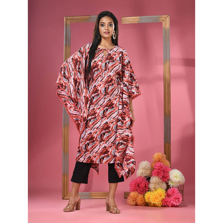 CHARUKRITI Multicolour Printed Dola Silk Kaftan & Straight Pants with Pompoms (Set of 2)