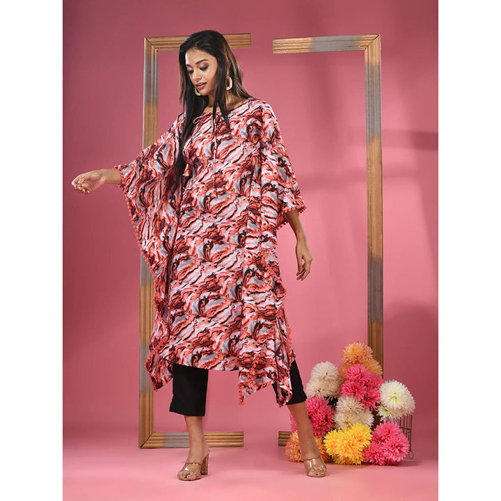 CHARUKRITI Multicolour Printed Dola Silk Kaftan & Straight Pants with Pompoms (Set of 2)