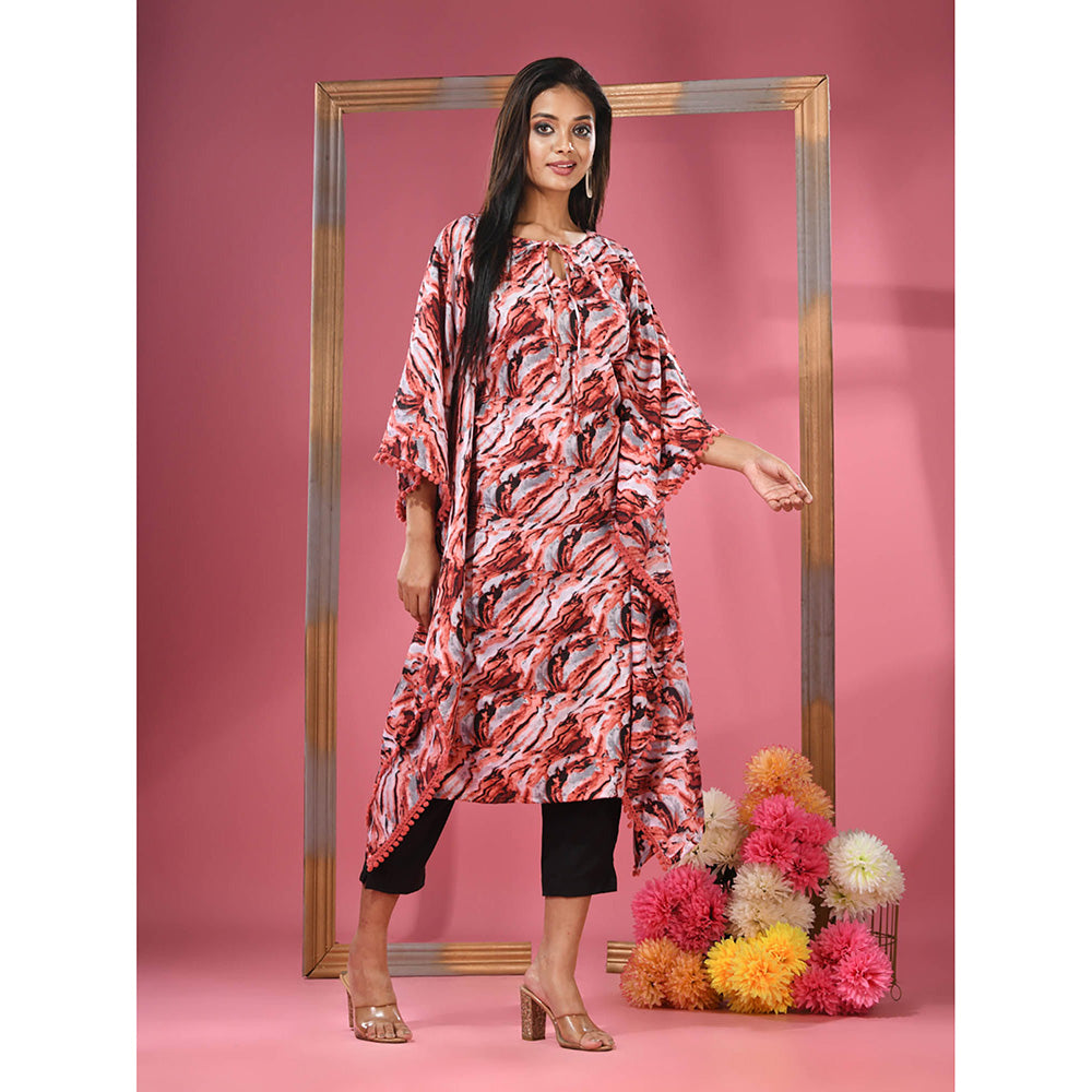 CHARUKRITI Multicolour Printed Dola Silk Kaftan & Straight Pants with Pompoms (Set of 2)