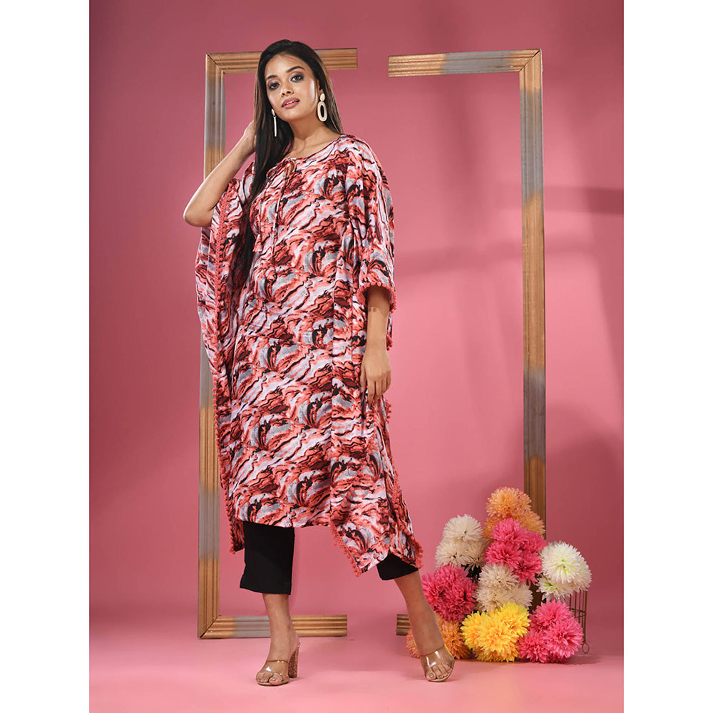 CHARUKRITI Multicolour Printed Dola Silk Kaftan & Straight Pants with Pompoms (Set of 2)