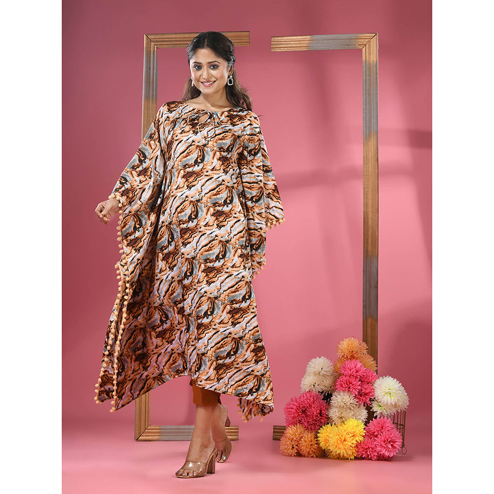 CHARUKRITI Multicolour Printed Dola Silk Kaftan & Straight Pants with Pompoms (Set of 2)