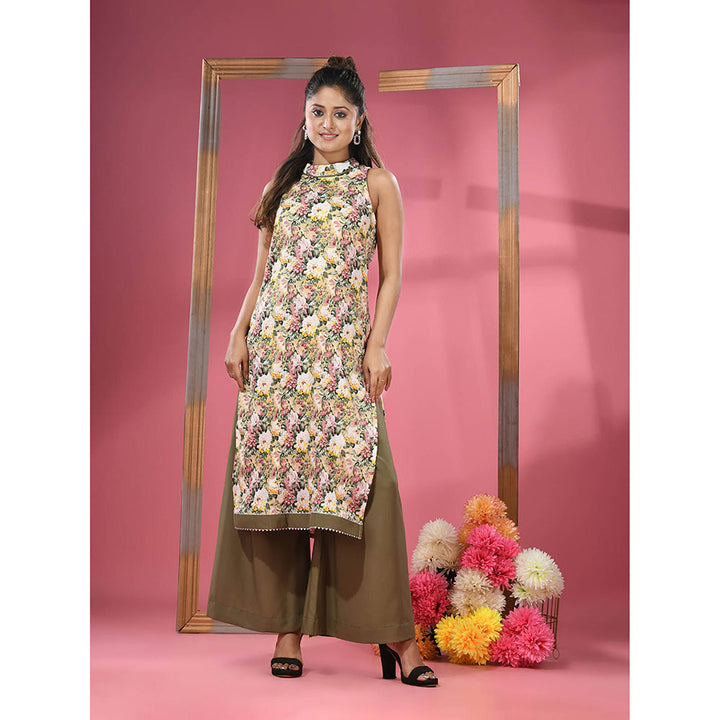 CHARUKRITI Yellow Georgette Floral Printed Kurta & Palazzo (Set of 2)