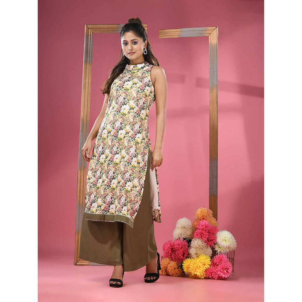 CHARUKRITI Yellow Georgette Floral Printed Kurta & Palazzo (Set of 2)