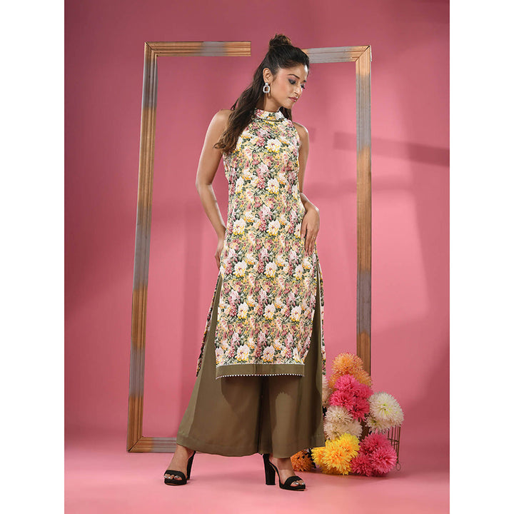 CHARUKRITI Yellow Georgette Floral Printed Kurta & Palazzo (Set of 2)