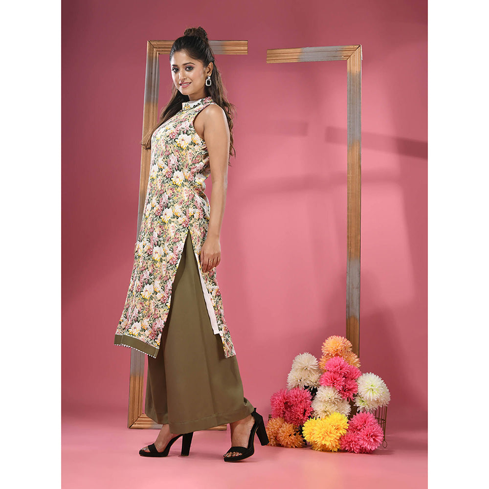 CHARUKRITI Yellow Georgette Floral Printed Kurta & Palazzo (Set of 2)