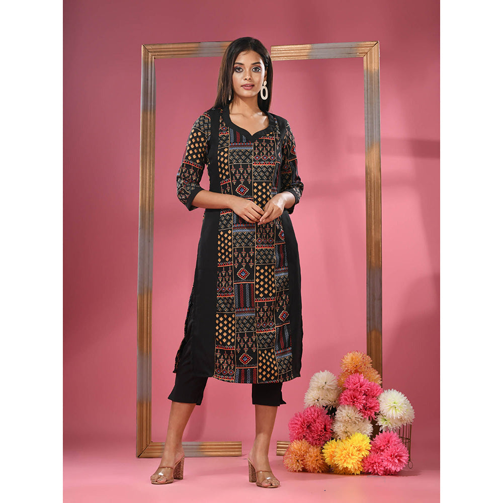 CHARUKRITI Black Crepe Printed Kurta & Straight Pants (Set of 2)