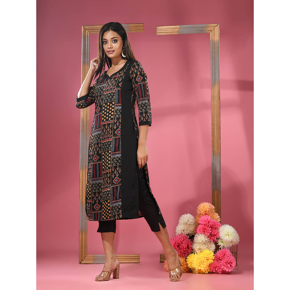 CHARUKRITI Black Crepe Printed Kurta & Straight Pants (Set of 2)