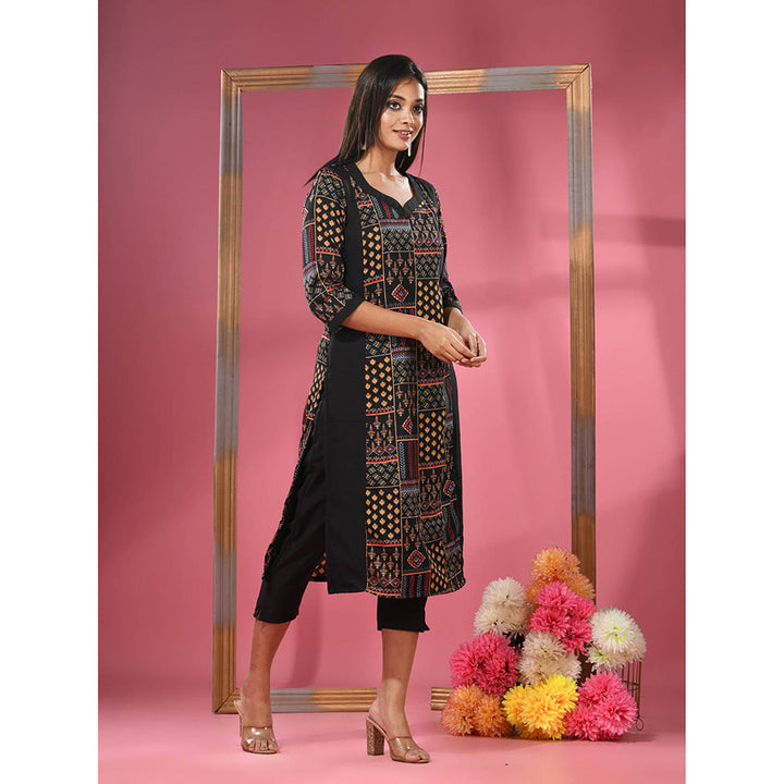 CHARUKRITI Black Crepe Printed Kurta & Straight Pants (Set of 2)