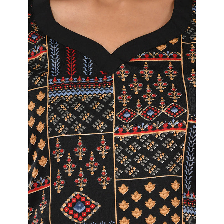 CHARUKRITI Black Crepe Printed Kurta & Straight Pants (Set of 2)