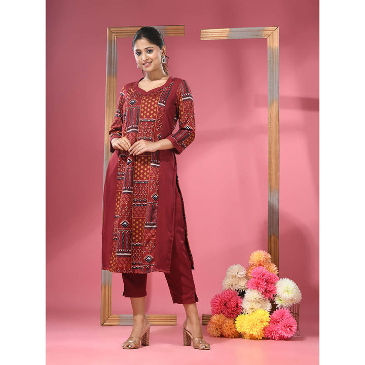 CHARUKRITI Maroon Crepe Printed Kurta & Straight Pants (Set of 2)