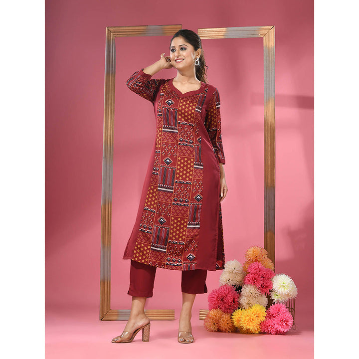 CHARUKRITI Maroon Crepe Printed Kurta & Straight Pants (Set of 2)