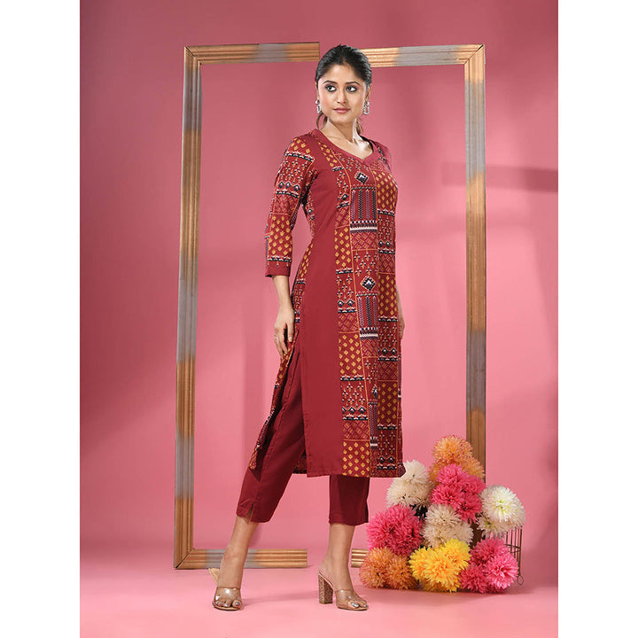 CHARUKRITI Maroon Crepe Printed Kurta & Straight Pants (Set of 2)