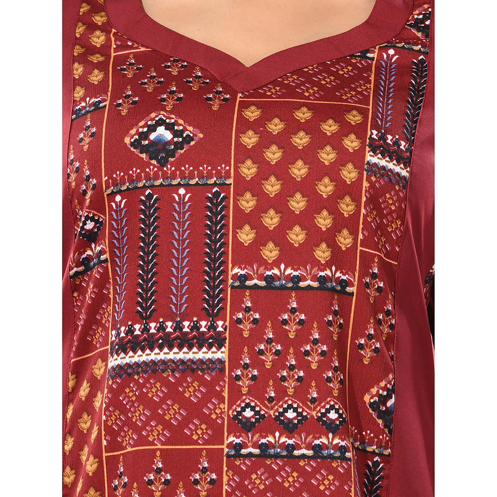 CHARUKRITI Maroon Crepe Printed Kurta & Straight Pants (Set of 2)