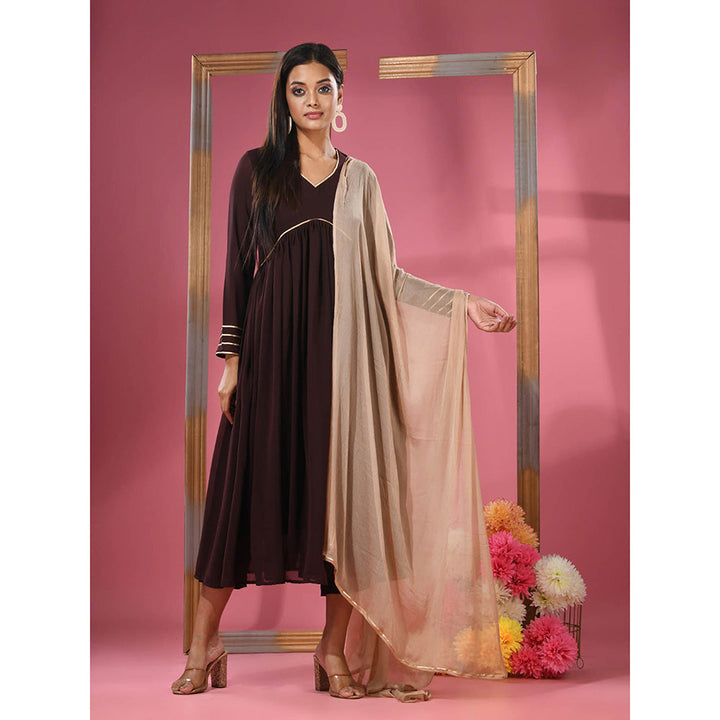 CHARUKRITI Chocolate Brown Georgette Gathered Suit with Dupatta (Set of 3)