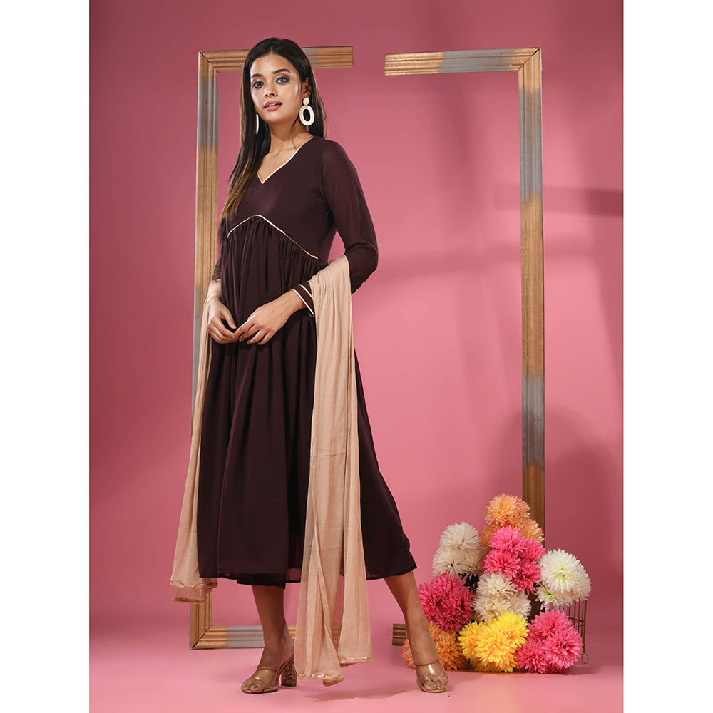 CHARUKRITI Chocolate Brown Georgette Gathered Suit with Dupatta (Set of 3)