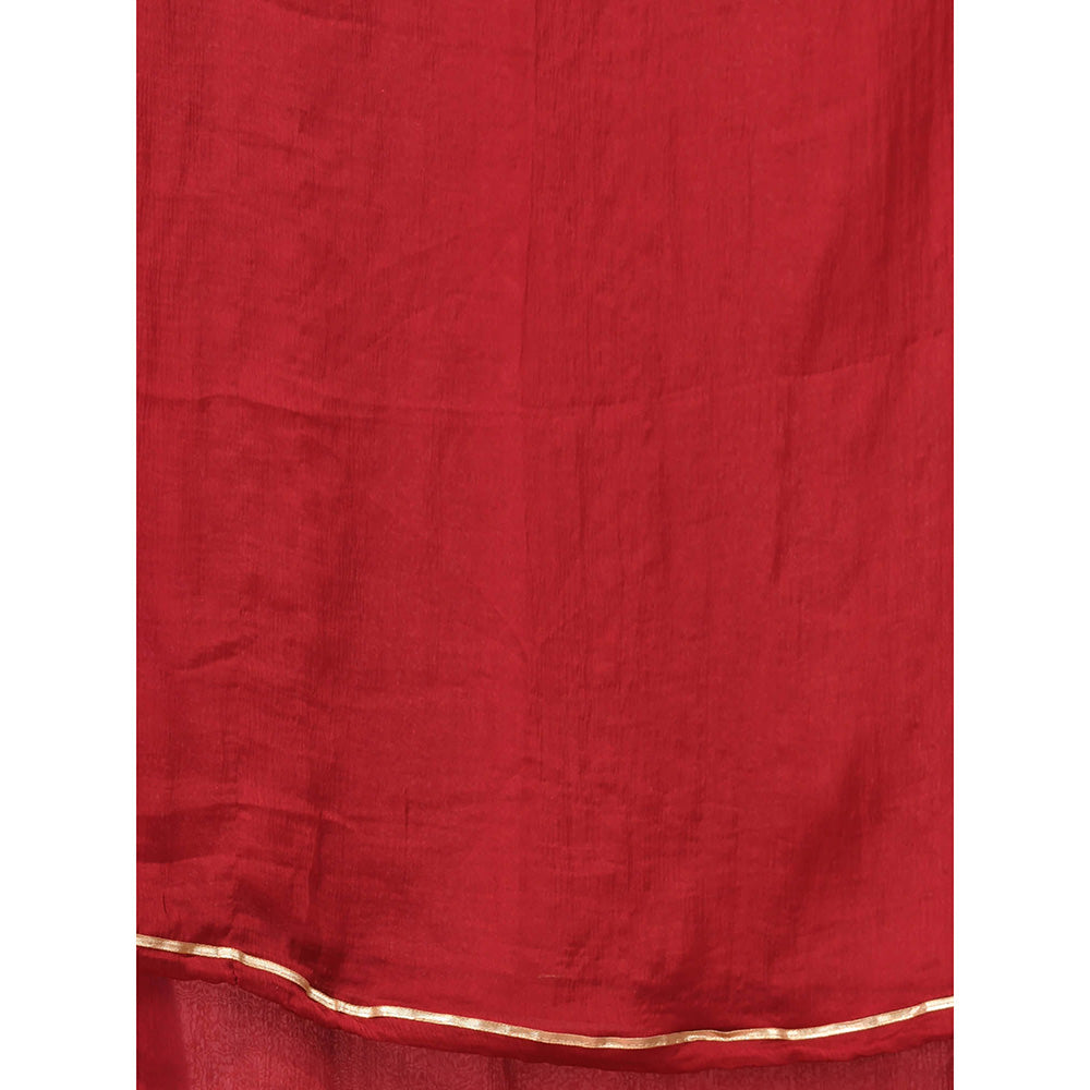 CHARUKRITI Red Georgette Gathered Suit with Dupatta (Set of 3)