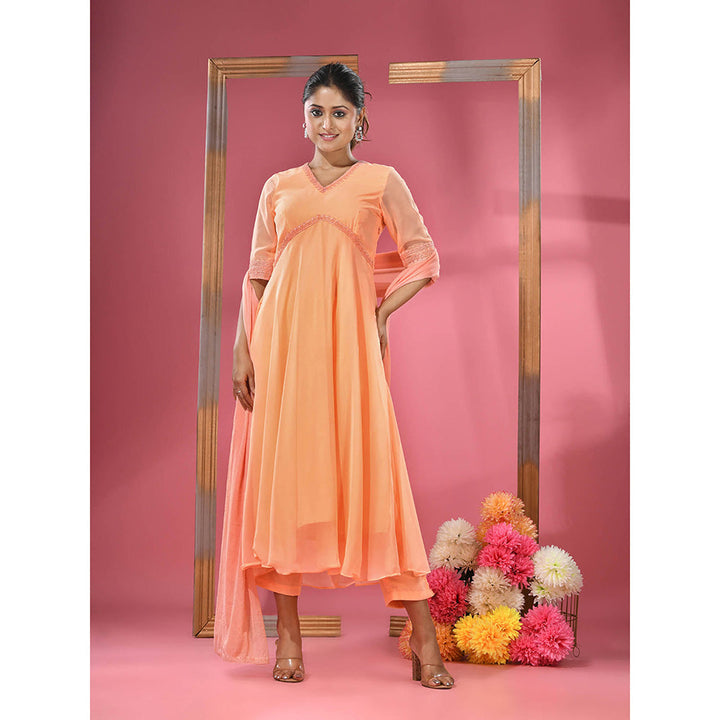 CHARUKRITI Peach Georgette Gathered Suit with Dupatta (Set of 3)