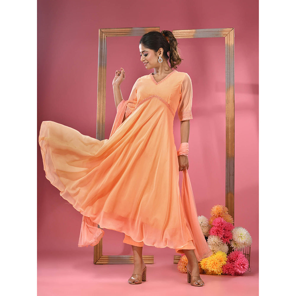 CHARUKRITI Peach Georgette Gathered Suit with Dupatta (Set of 3)