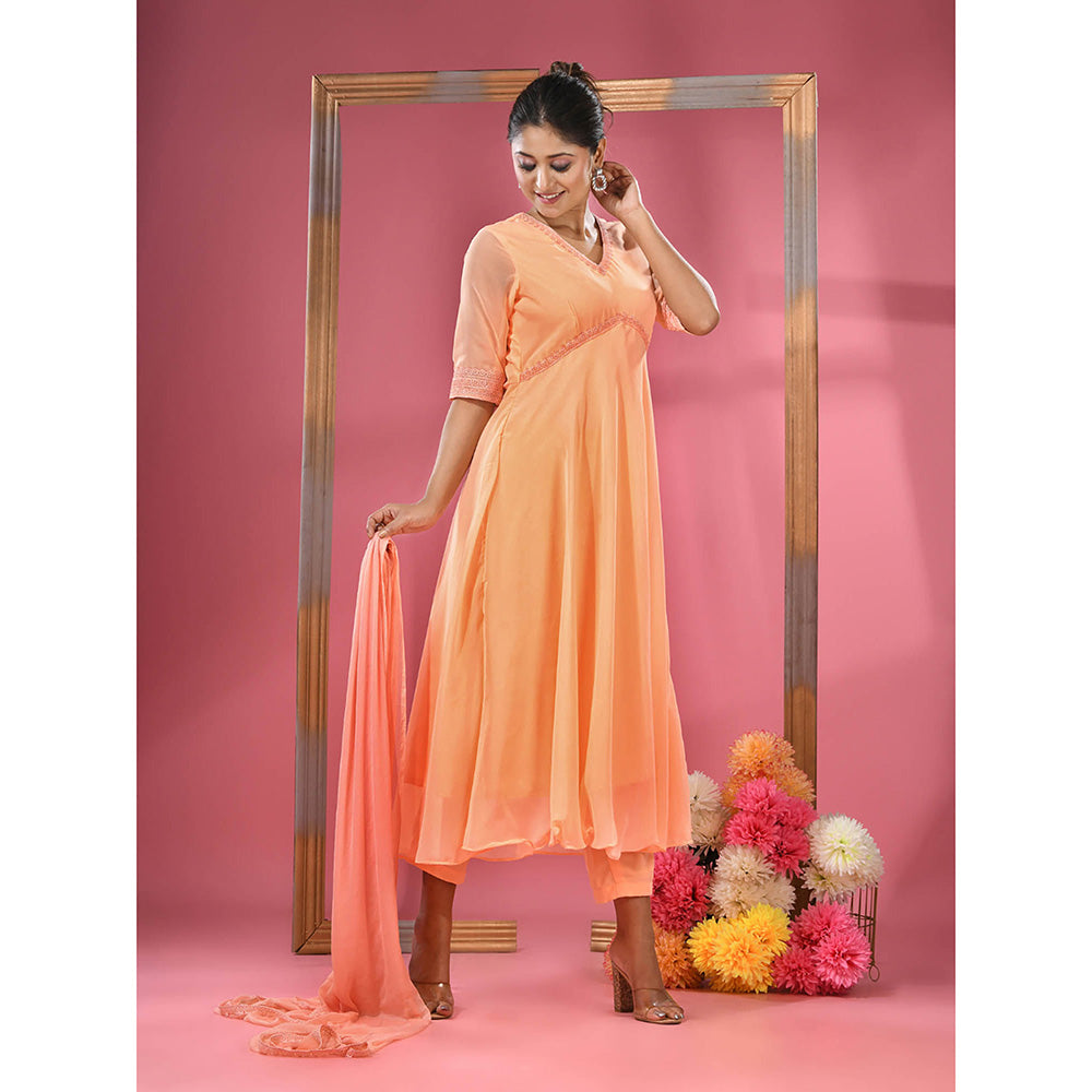 CHARUKRITI Peach Georgette Gathered Suit with Dupatta (Set of 3)