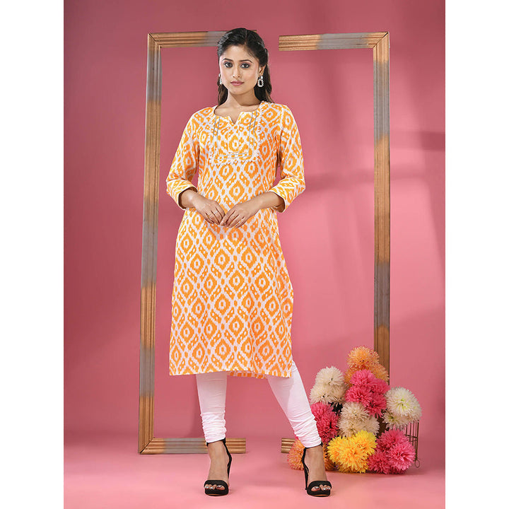 CHARUKRITI Yellow & White Printed Cotton Kurta