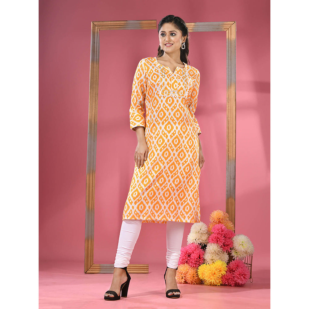 CHARUKRITI Yellow & White Printed Cotton Kurta