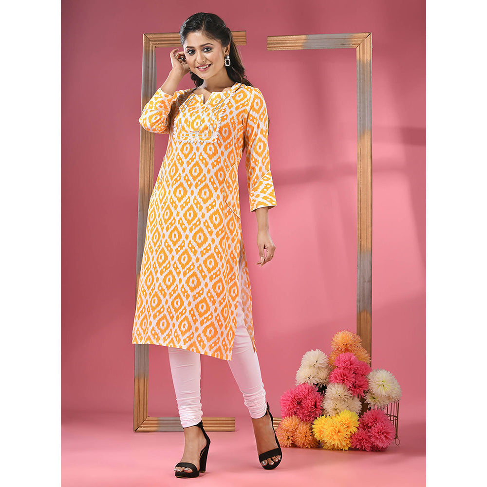 CHARUKRITI Yellow & White Printed Cotton Kurta