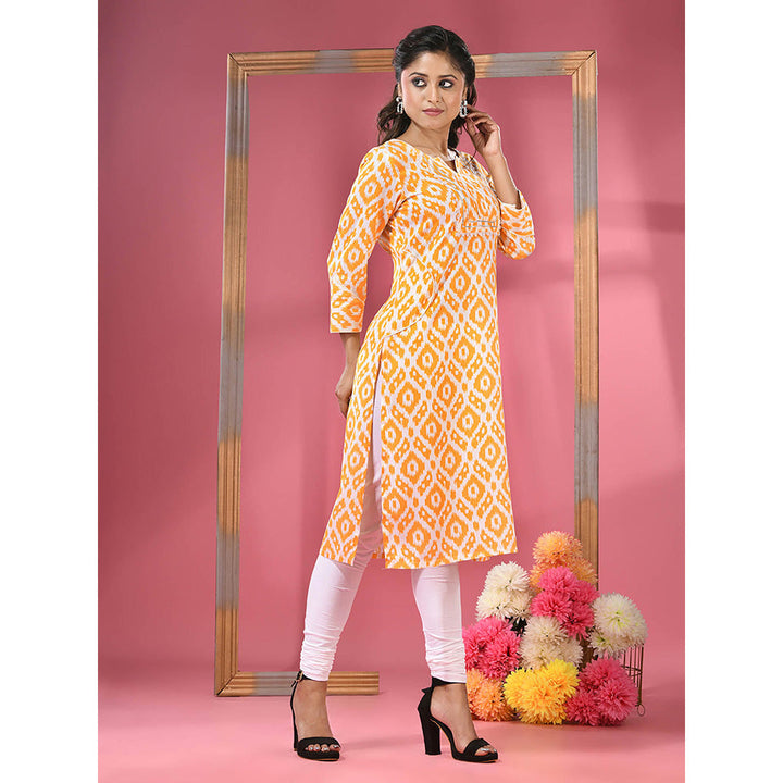 CHARUKRITI Yellow & White Printed Cotton Kurta