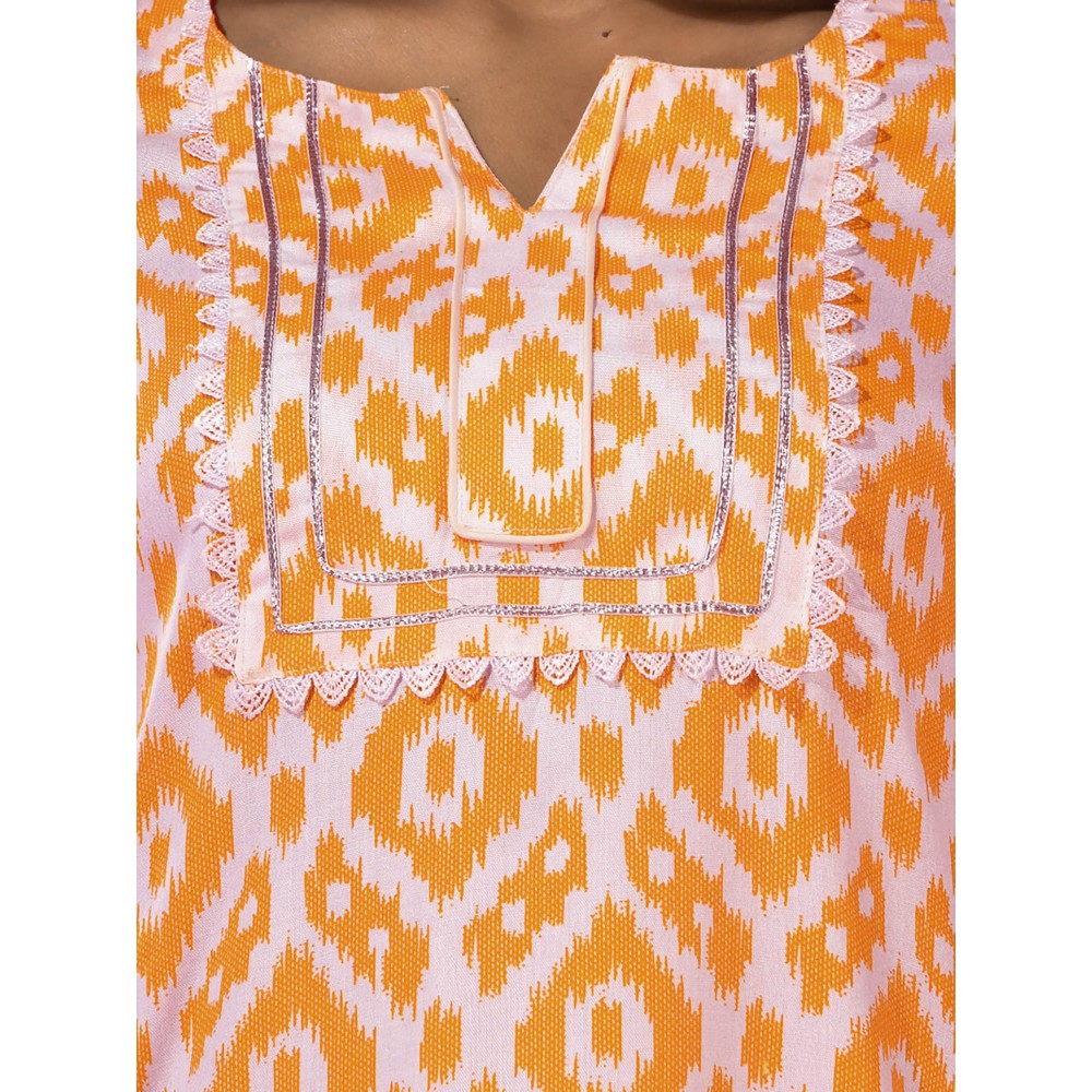 CHARUKRITI Yellow & White Printed Cotton Kurta