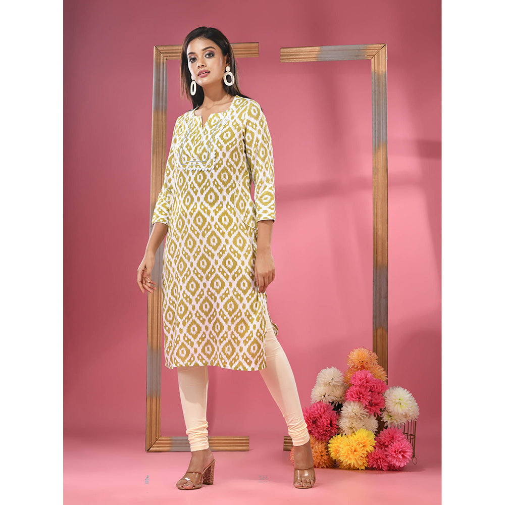 CHARUKRITI Sap Green & White Printed Cotton Kurta