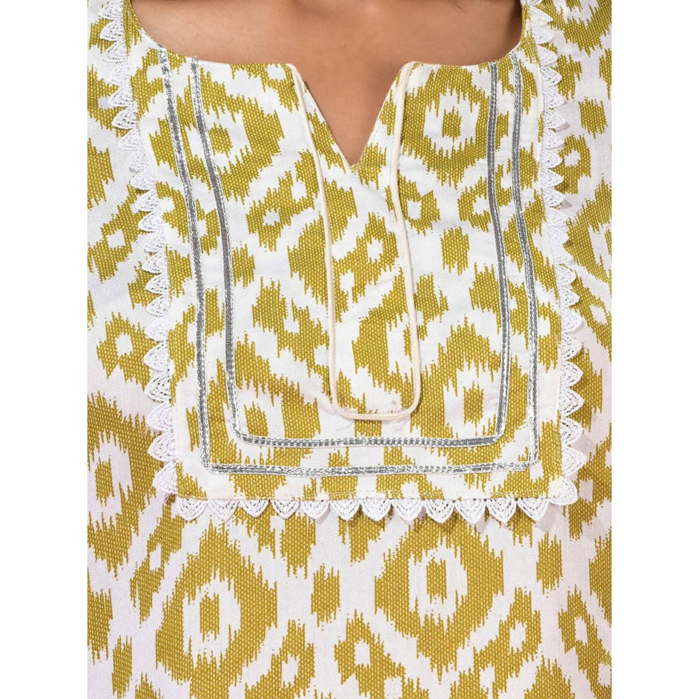 CHARUKRITI Sap Green & White Printed Cotton Kurta