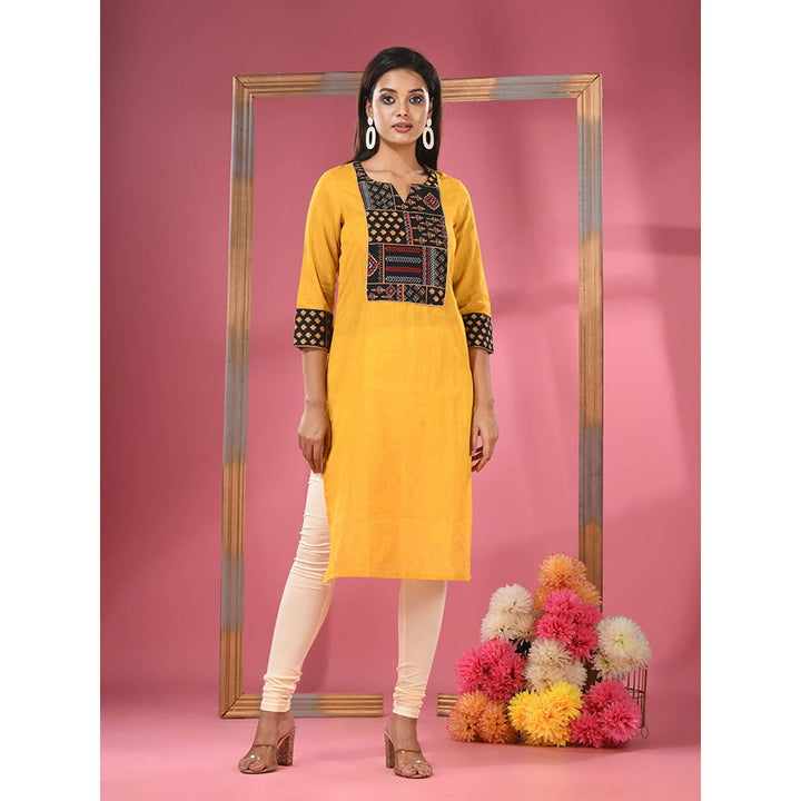 CHARUKRITI Yellow Cotton Straight Kurta