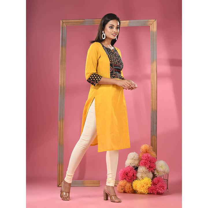 CHARUKRITI Yellow Cotton Straight Kurta