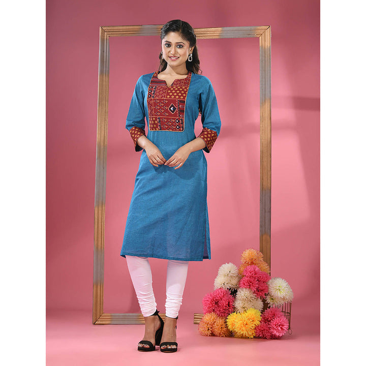 CHARUKRITI Sapphire Blue Cotton Straight Kurta